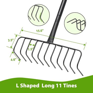 Гребінь садовий металевий 130 см для ландшафтного дизайну, 11 зубців, довга ручка. Великий садовий гребінь для розпушування ґрунту, вирівнювання газону, збору листя та догляду за травою.