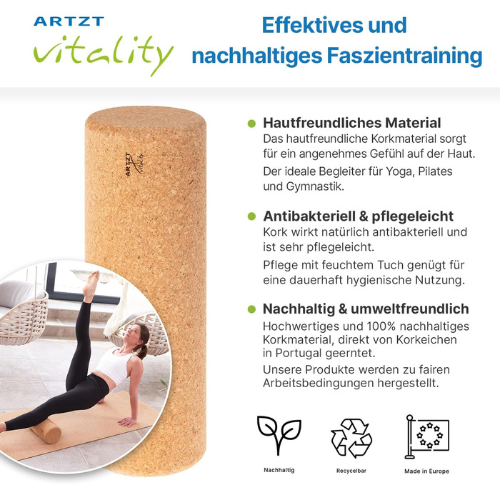 Корковий ролик для фасцій Масажний ролик для фасцій, виготовлений зі 100 корку Екологічний та антибактеріальний Масажний ролик для фасцій Корковий ролик, виготовлений у Португалії, бежевий, 30 x 10 см