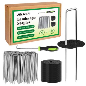 Набір ландшафтних стайней, 6-дюймові 11-каліброві 50 шт. оцинковані садові скоби та 50 шт. прокладок 1 гачок для вибору, U-подібні кілки для намету, ландшафтні тканинні штифти SOD для тканинного бар&39єру від бур&39янів, ґрунтового покриття, огорожі