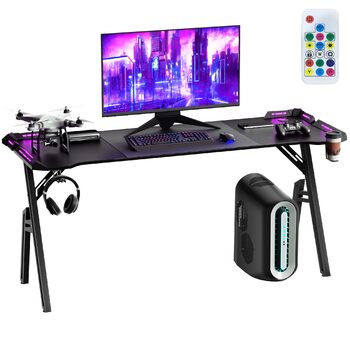 Ігровий стіл YUENFONG зі світлодіодним освітленням, 160x60 см, комп&39ютерний стіл, А-подібна рама з вуглецевим покриттям, включаючи гачок для навушників та підставку для чашки, чорний 160*60 см