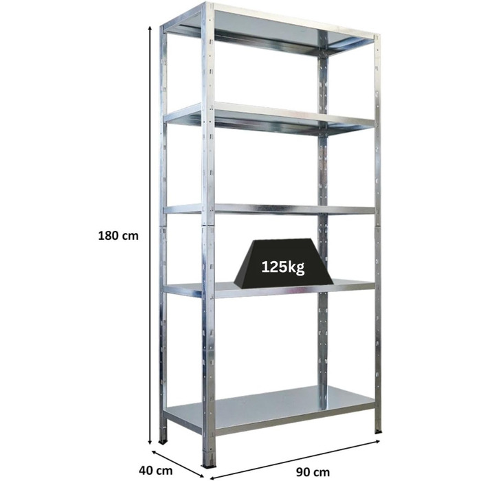 Надміцний стелаж з металевими полицями, ВxШxГ 180x90x40 см, 5 рівнів, навантаження на полицю 125 кг, оцинкований, металевий, металевий стелаж, кухонний стелаж, стелаж для підвалу, стелаж без болтів, гаражний стелаж, стелаж для зберігання, 180x90x40 см, оц