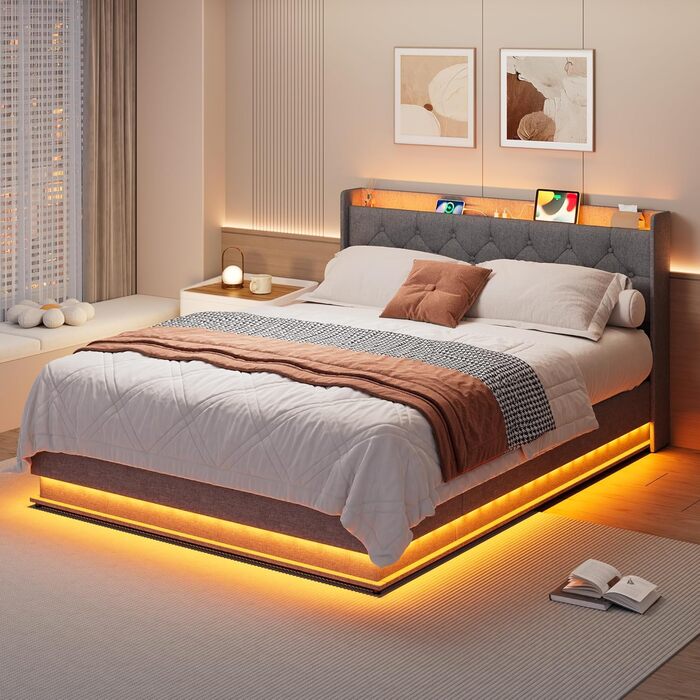 Ліжко Xbro з м&39якою підкладкою 140x200 з гідравлічним відділенням для зберігання, розетками та світлодіодним кільцевим освітленням, каркас ліжка з рейковою основою та ящиком для зберігання, двоспальне ліжко для спальні, сучасний дизайн, темно-сірий колі