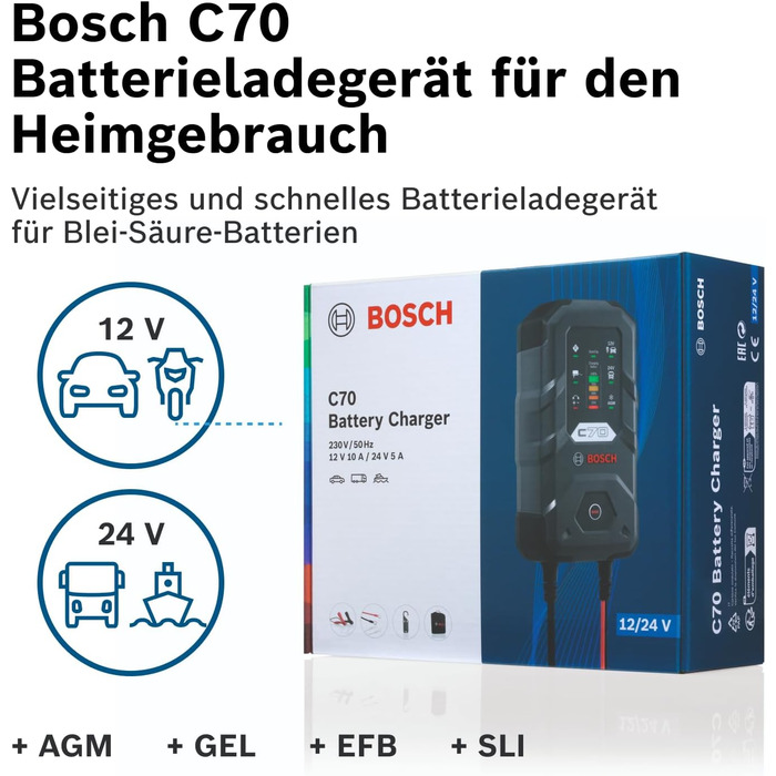 Зарядний пристрій Bosch C70, 10 ампер, з функцією крапельного заряду - Автомобільний зарядний пристрій для свинцево-кислотних, AGM