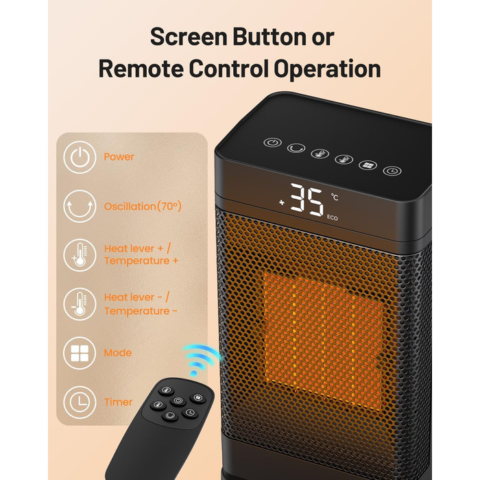 Портативний вентилятор-обігрівач потужністю 1500 Вт, енергозберігаючий електричний обігрівач з 3 швидкостями та екорежимом, тихий (35 дБ), компактний та швидкий нагрів за 2 секунди, захист від перегріву, поворотна конструкція для вітальні, офісу, ванної к
