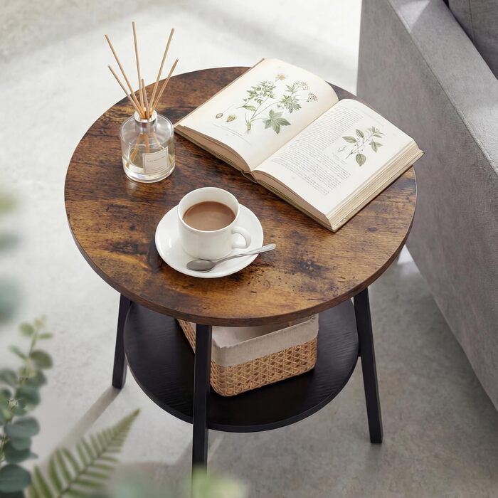 Круглий журнальний столик з 2 ярусами, маленький круглий дерев&39яний журнальний столик, круглий журнальний столик у вінтажному стилі для вітальні та спальні, рустикальний коричневий