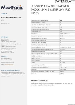 Світлодіодна стрічка Mextronic ATLA Нейтральний білий (4000K) 24W 5 метрів 24V IP20 CRI 92