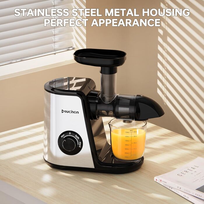 Переможець тесту на овочі та фрукти повільної соковижималки Muchen 150 Вт тихий двигун, зворотне подрібнення, легке очищення, дизайн з нержавіючої сталі в чорному та сріблястому кольорах, в т.ч. книга рецептів Single