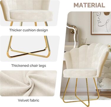 М&39яке крісло, обідній стілець, стілець для туалетного столика, оксамитове крісло, спинка у формі пелюсток, крісло-реклайнер із золотистими металевими ніжками, вантажопідйомність до 150 кг, бежевий