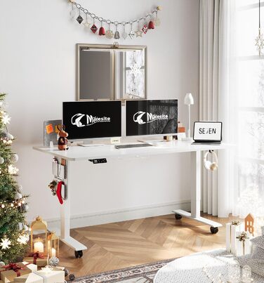 Письмовий стіл з регульованою висотою (140 x 70 см) Комп&39ютерний стіл з електричним регулюванням висоти, 4 режимами пам&39яті, дошкою для записів та колесами, що обертаються на 360 Стіл SN1 140 x 70 см Білий біла рама