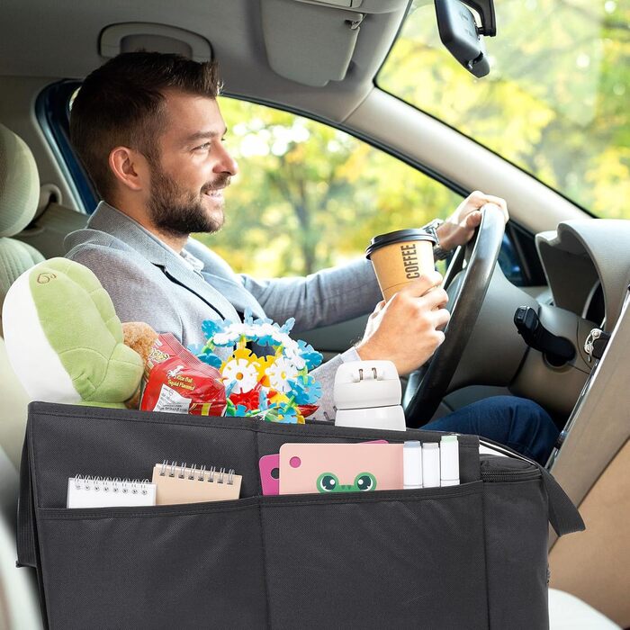 Органайзер на спинку автокрісла Cozary, органайзер для дітей з кишенями для іграшок, книжок та перекусів, з тримачами для напоїв та сітчастими кишенями, складаний чорний