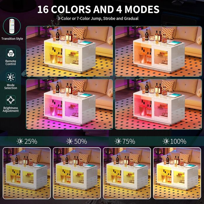 Білий журнальний столик YITAHOME, глянцевий стіл для вітальні з сучасним світлодіодним освітленням, білий бічний столик з відкритою регульованою полицею для демонстрації, 80x40x45 см