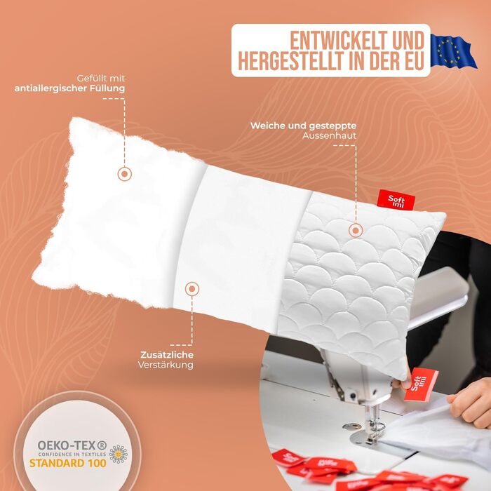 Комплект із 2 стьобаних преміум-подушок, 50x90 см, гіпоалергенний - проти кліщів - без запаху, готовий до використання - регульована жорсткість (комплект із 2 шт., 50x90 см)