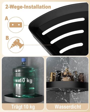 Кутова полиця для душу без свердління, чорна, з тримачем для шампуню та захистом від іржі. Набір з 2 полиць з 4 гачками, проста установка, чорний колір.