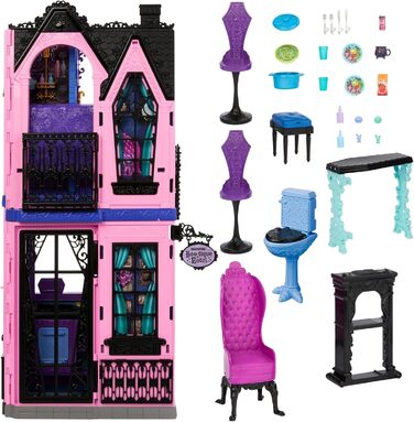Ляльковий будиночок Monster High Boo-tique Hotel, складаний ігровий набір із моторошними сюрпризами в кожній кімнаті та понад 13 ігровими елементами, включаючи меблі та аксесуари, JBF16 Чорний - Boo-tique Hotel