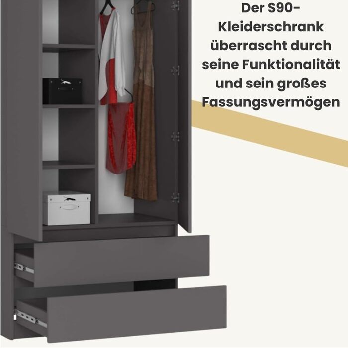 Шафа AKORD з двома дверима S 90 см, 2 шухляди з полицями та однією рейкою для одягу, для шаф з однією спальнею, мінімалістичний стиль, ламінат 16 мм графітово-сірий колір, графітово-сірий 90 см x 180 см x 51 см