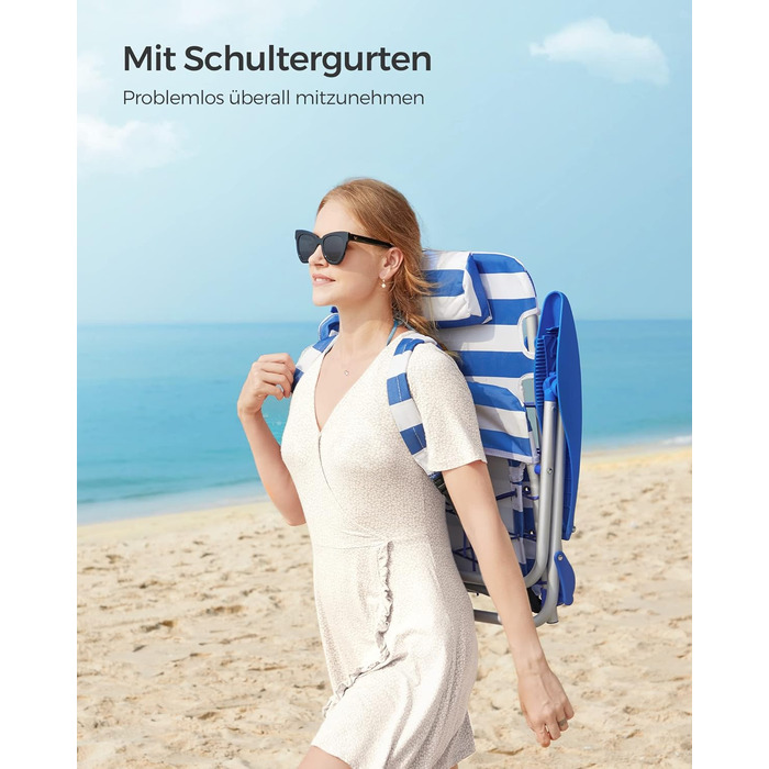 Пляжне крісло SONGMICS, кемпінгове крісло, складне, з плечовим ременем, регульованою спинкою, підголівником, підлокітником, 2 бічними кишенями, синьо-біле GCB62BU синій білий.