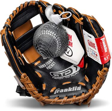 Дитячі бейсбольні рукавички Franklin Sports RTP набір рукавичок для тиболу м&39яч хлопчики дівчатка, набір рукавичок для тиболу діти малюки 9,5 дюймів, чорні/коричневі, підходять для праворуких гравців