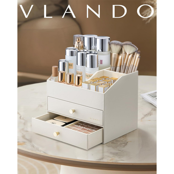 Органайзер для макіяжу VLANDO з 3 шухлядами, органайзер для туалетного столика, органайзер для косметики, органайзер для макіяжу для ванної кімнати, догляд за шкірою комода, бежевий