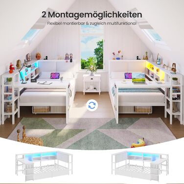 Диван-ліжко зі світлодіодним освітленням та зарядною станцією, дитяче ліжко 90x200 см зі столиком 35x112 см та двома великими шухлядами, ліжко 90x200 з кушеткою та м&39яким узголів&39ям, білий колір