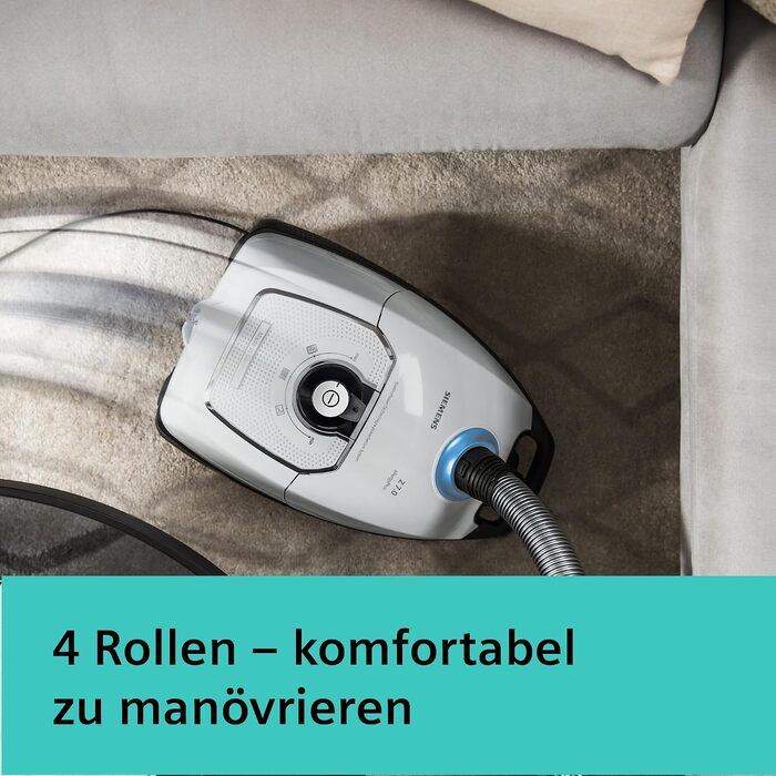 Пилосос із мішком Siemens Z 7.0 VSZ7442S, для алергіків, Hygiene-Filter Plus, насадки для паркету, килимів та плитки, довгий кабель, щілинна та м'яка насадки, 650 Вт, білий, екстратихий 67дБ(А), переможець тестів 2018