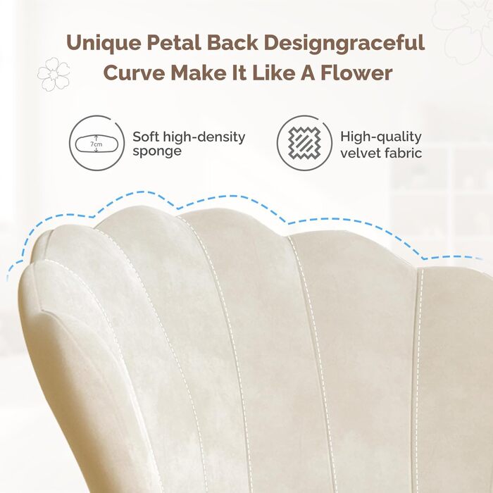 М&39яке крісло, обідній стілець, стілець для туалетного столика, оксамитове крісло, спинка у формі пелюсток, крісло-реклайнер із золотистими металевими ніжками, вантажопідйомність до 150 кг, бежевий