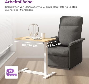 Бічний столик Spacetronik з регульованою висотою, мобільний журнальний столик з прихованими колесами, столик для ноутбука з ручним регулюванням висоти 66106 см, тумбочка для дивана, ліжко (білий/дерево, 80x45 см) білий/дерево 80x45 см