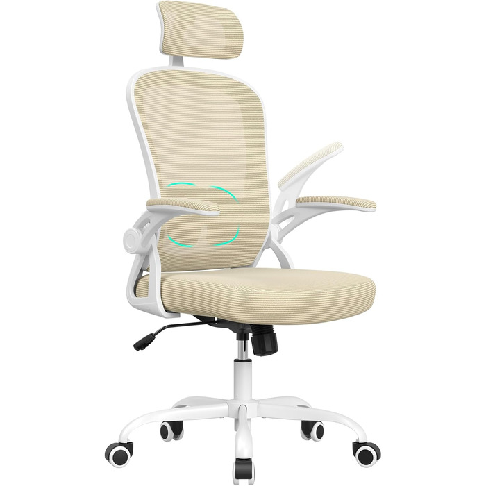 Ергономічне офісне крісло Farini, регульоване по висоті офісне крісло з підголівником, зручне крісло для домашнього офісу, комп&39ютерне крісло, крісло керівника з підлокітниками, вантажопідйомність 150 кг, бежеве комп&39ютерне крісло з колесами та підгол