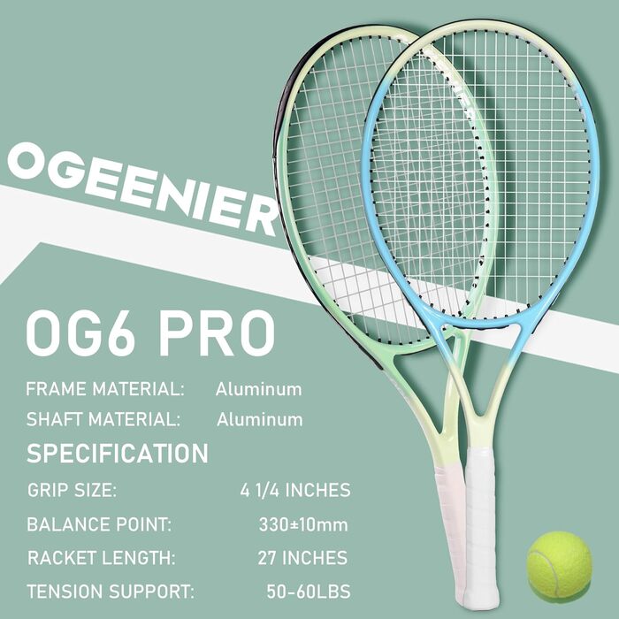 Тенісний набір OGEENIER Ocean Blue-Green 27" 2 ракетки 27 дюймів для чоловіків жінок дорослих початківці + 3 м’ячі + 2 грип-стрічки + 2 віброгасники + синьо-зелена сумка повний комплект на 2 гравців алюміній 280 г ITF-approved оригінал 2025