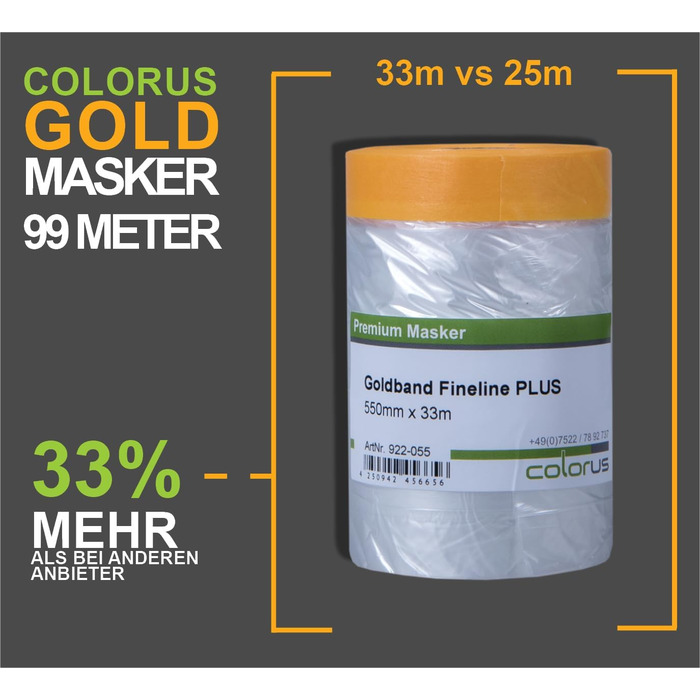 Малярська стрічка Colorus 6 x з захисною плівкою PLUS Goldband Fineline 55 см x 33 м Стійка до ультрафіолету 60 днів, для використання всередині та зовні приміщень Самоклеюча малярська плівка Малярська стрічка з захисною плівкою 6 x 55 см x 3300 см