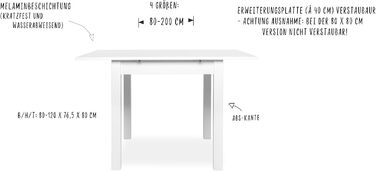 Розсувний обідній стіл mbelando на 4 ніжках білого кольору, стійкий до ударів та подряпин, вміщує до 6 осіб - 120 (160) x 76,5 x 70 см (Ш/В/Г) Розсувний стіл, дерев&39яний стіл, обідній стіл, кухонний стіл, прямокутний 120 см, білий