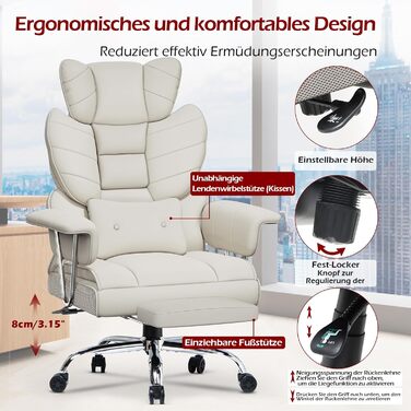 Ергономічне офісне крісло з висувною підставкою для ніг, регульоване по висоті робоче крісло, велика м&39яка спинка, індивідуальна поперекова підтримка, крісло керівника зі штучної шкіри, білий колір з підставкою для ніг