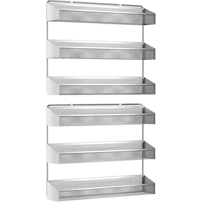 Стійка для спецій, Органайзер, 3 рівні, Окремостояча або настінна, Підвісна полиця для кухонної шафи, комори, дверей комори або ванної кімнати, Косметика для душу, Хром, 2 шт. Сріблястого кольору 3 x 16 x 14 см