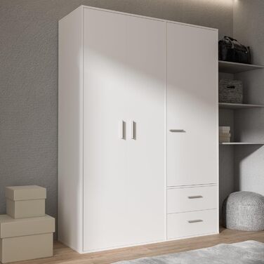 Шафа 140 150, біла шафа, шафа з орними дверима, 3 двері, з 2 шухлядами та полицями, біла, 145 см завширшки x 53 см завглибшки x 200 см заввишки. Біла 145 x 200 x 53 см, 3 двері