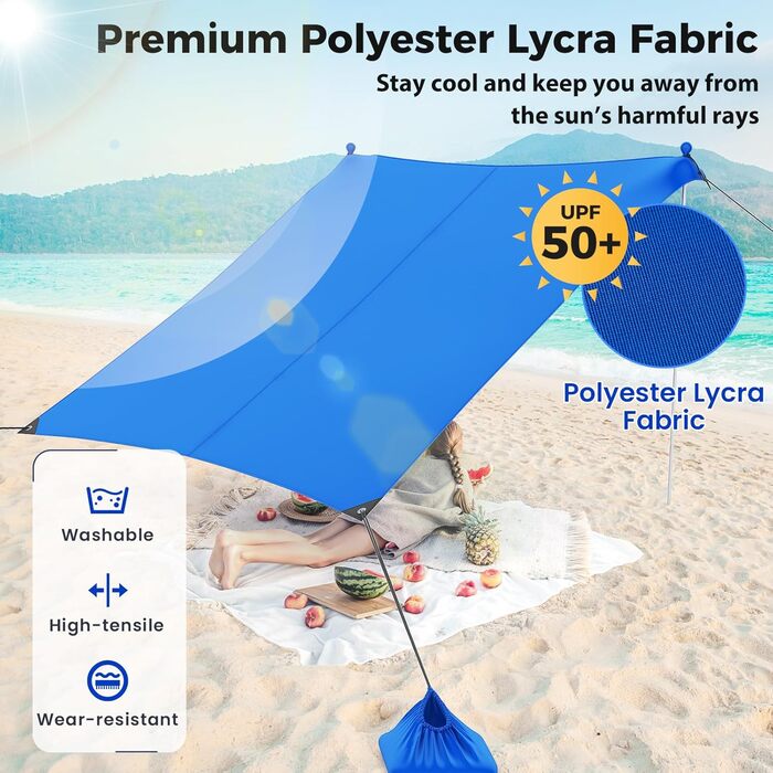 Пляжний сонцезахисний намет HOMASIS, сонцезахисний намет UPF 50, пляжний намет з лайкри з кріпленнями для піску та 4 мішками з піском, сонячне вітрило з 2 опорними стійками та сумкою для перенесення, сонцезахисний навіс для пляжу та саду (синій, 230 x 200