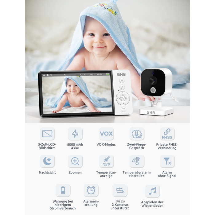 Монітор для дітей з камерою 5 дюймів 720P HD 5000mAh IPS Дисплей Режим VOX Цифрове збільшення Нічне бачення Домофон Дисплей темпер