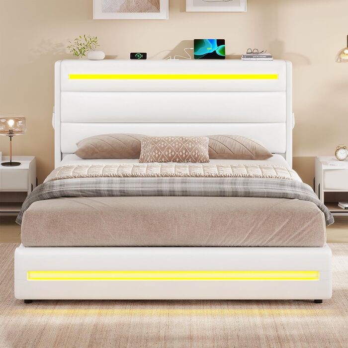 Ліжко 160x200 зі світлодіодним освітленням, Гідравлічне ліжко 160x200 см, М&39яке двоспальне ліжко, Каркас ліжка з місцем для зберігання та рейковою основою, Спальня, ПУ білий 160 x 200 Білий