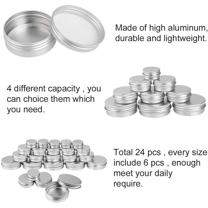 И Алюмінієві дорожні банки Косметичні контейнери Бляшані банки 5/10/15/30 мл Алюмінієві банки для крему Порожні алюмінієві банки для крему Лосьйон Маски Косметичний нейл-арт, 24 шт.