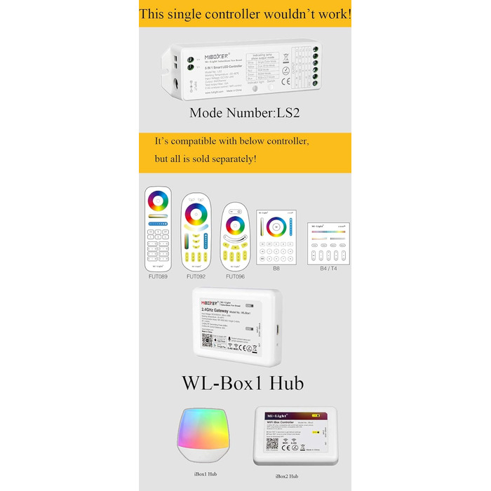 Контролер світлодіодної стрічки LGIDTECH LS2 Miboxer, бездротовий контролер 5 в 1 2.4 ГГц, сумісний зі світлодіодними стрічками Solid Color, RGB, RGBW, WWCW, RGBCCT