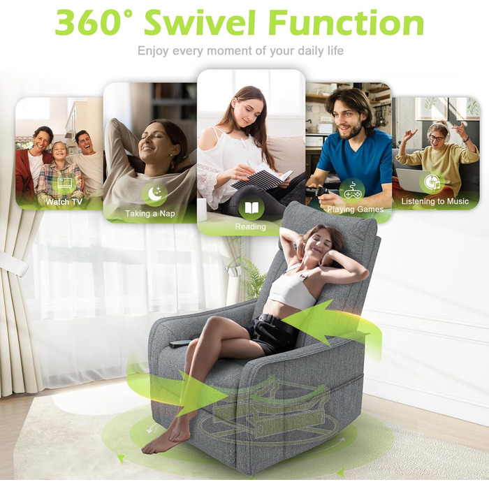 Крісло для телевізора/масажне крісло з функцією відкидання, крісло для релаксації з підігрівом та масажем, крісло для телевізора з поворотом на 360 для вітальні, крісло-гойдалка з м&39яким підголівником, 2 бічні кишені, сірий