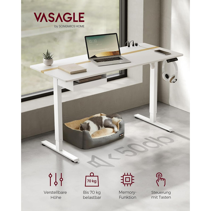 Електричний стіл з регулюванням висоти VASAGLE, 140 x 60 см, білий хмаринка золотий дуб, з тканинною шухлядою