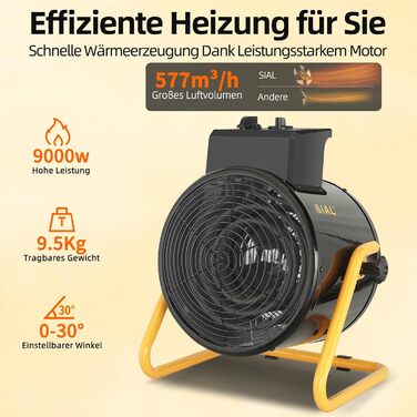 Промисловий вентилятор-обігрівач SIAL 9000 Вт, 400 В - Електричний обігрівач - Радіаційний обігрівач, Будівельний обігрівач - Вентиляторний обігрівач для гаражів, майстерень, будівельних майданчиків - D9 - Чорний 9 кВт Чорний