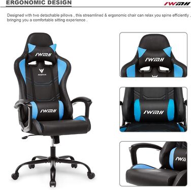 Геймерське крісло IntimaTe WM Heart, геймерське крісло з ергономічною спинкою, регульованим підголівником та поперековою опорою, синє