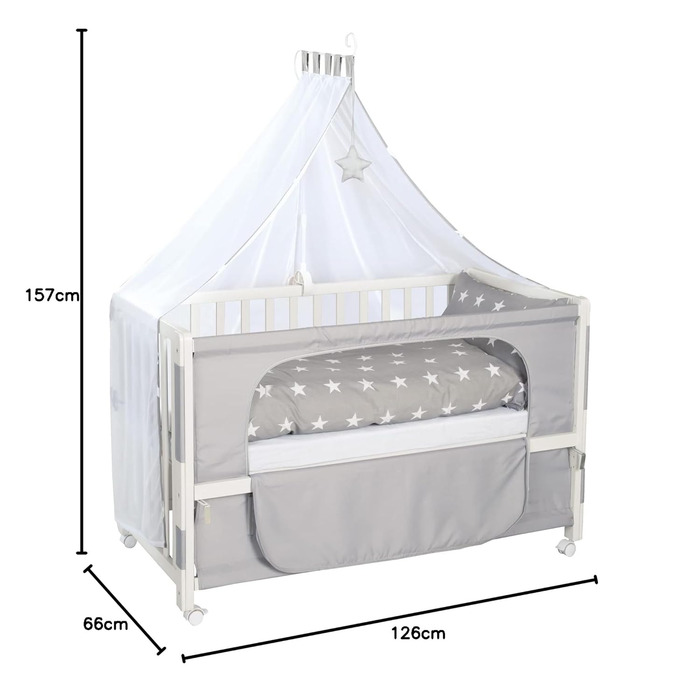 Дитяче ліжечко 60x120 см, приліжкове ліжечко для батьків з повним комплектом аксесуарів Білий / Маленькі зірочки