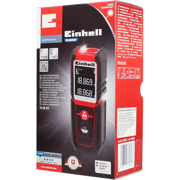 Лазерний далекомір Einhell TC-LD 25 (до 25 м, вибір базової точки вимірювання, безперервний режим, автовимкнення, функція безпеки, з чохлом)