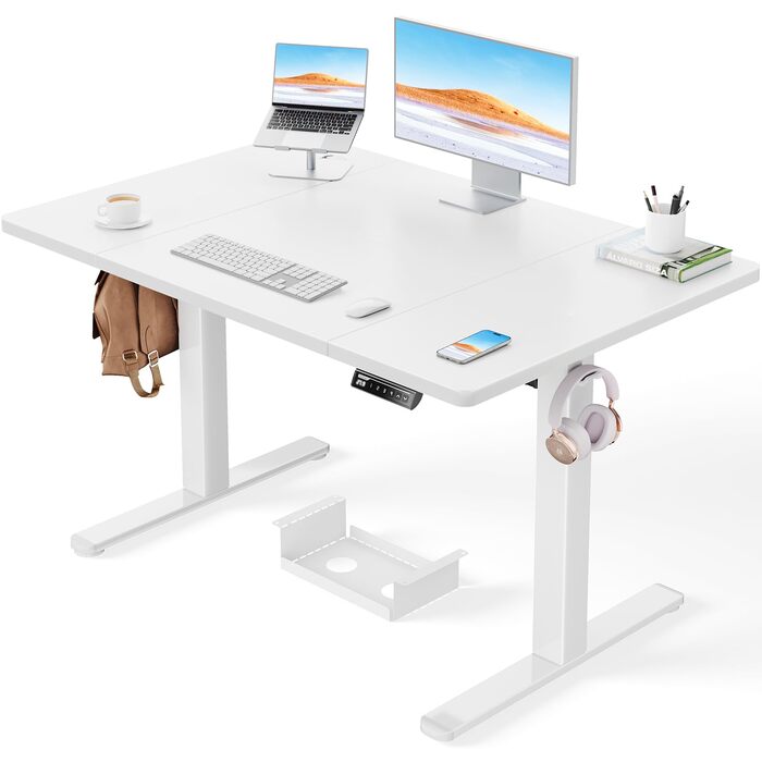 Стіл ErGear з регулюванням висоти - 120 x 80 см, вантажопідйомність 100 кг, електричний стіл з удосконаленим безщітковим двигуном, тиха робота, міцний металевий каркас, чотирисекційна стільниця 120 x 80 см, білий колір