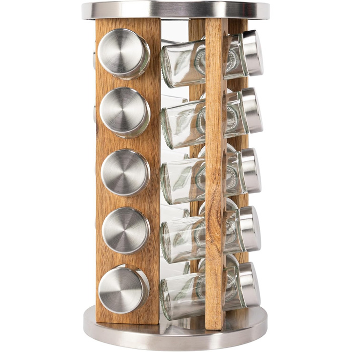 Обертова карусель для спецій з 20 баночками для спецій - Кругла карусельна підставка для спецій - Органайзер для спецій - Підставка для спецій з нержавіючої сталі та дерева - Обертова карусель для спецій - Дерев&39яна підставка для спецій 20 x 20 x 31 см