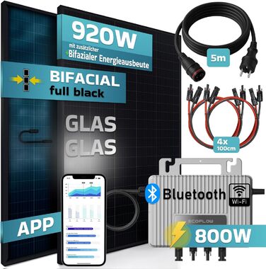 Балконна електростанція SUNNIVA 920 Вт ДВОХФАЗІАЛЬНА, ПОВНОГО ЧОРНОГО кольору, в комплекті з інвертором EcoFlow 800 Вт, повним комплектом фотоелектричної сонячної системи, 2 двосторонніми сонячними модулями типу N зі скловолокна потужністю 460 Вт, кабелем