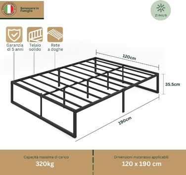 Ліжко Zinus Lorelai 120 x 190 см Каркас ліжка висотою 35,5 см з місцем для зберігання речей під ліжком Ліжко з металевою платформою Чорне
