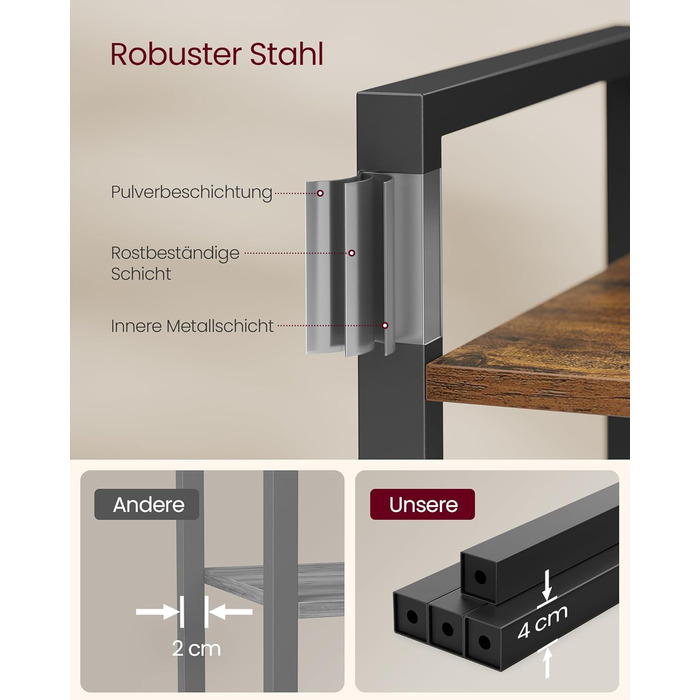 Полиця, книжкова шафа, окремостояча полиця, полиця для DVD, з 4 полицями, офісна полиця, відкриті полиці, для офісу, вітальні, спальні, кухні, 30 x 66 x 120 см, вінтажний коричневий-чорнильний чорний LLS60BX 4 полиці (66Ш x 120В см) вінтажний коричневий ч