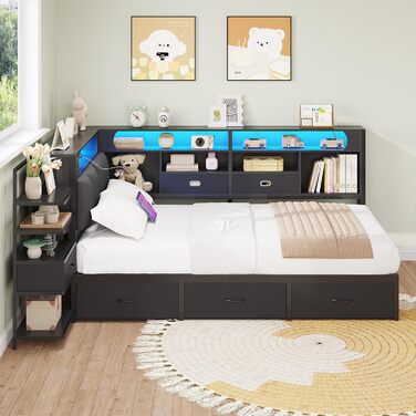 Дитяче ліжко DICTAC 90x200 см з 6 шухлядами, світлодіодним освітленням та зарядною станцією Багатофункціональний диван-ліжко з вбудованою тумбочкою та прихованим місцем для зберігання в узголів&39ї (чорний) 90x200 см